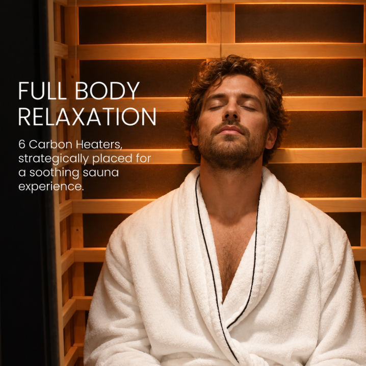 ALEKO Oasis 1-Person Infrared Sauna full-body relaxation graphic highlighting six carbon heaters and warm infrared heat