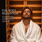 ALEKO Oasis 1-Person Infrared Sauna full-body relaxation graphic highlighting six carbon heaters and warm infrared heat