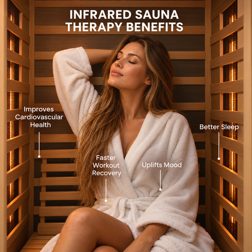 Infrared sauna wellness benefits graphic showing a woman relaxing with callouts for cardiovascular health, workout recovery, mood, and sleep