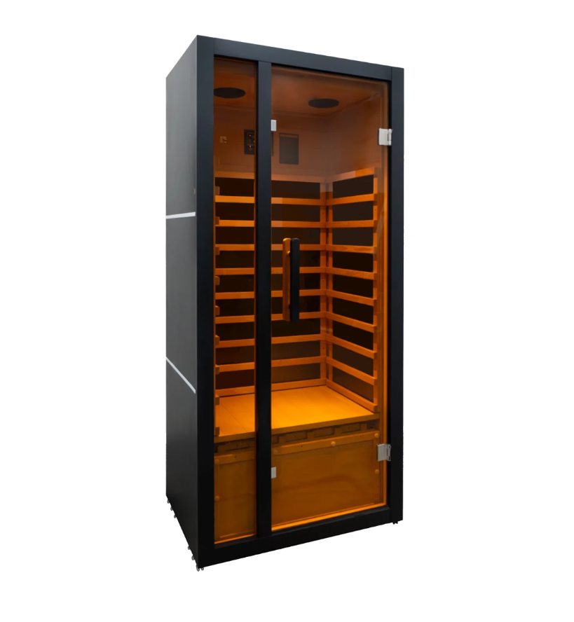 ALEKO Oasis 1-Person Infrared Sauna with black exterior, glass door, six carbon heaters, and illuminated hemlock interior on a white background