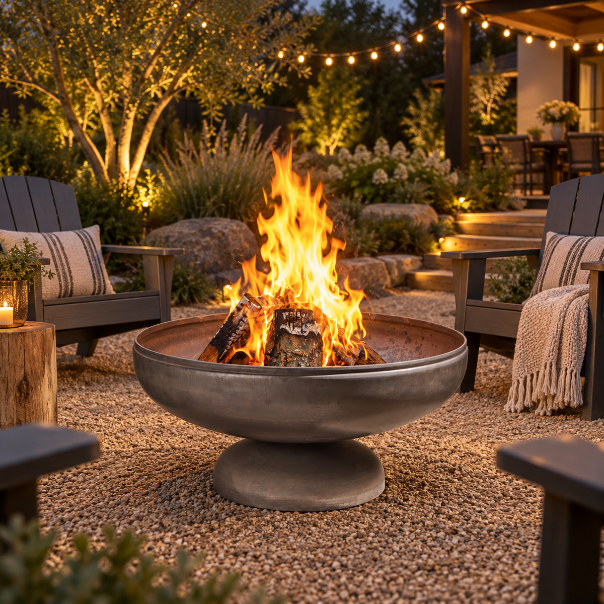 Ohio Flame Patriot fire pit burning in a gravel patio seating area with Adirondack chairs and string lights
