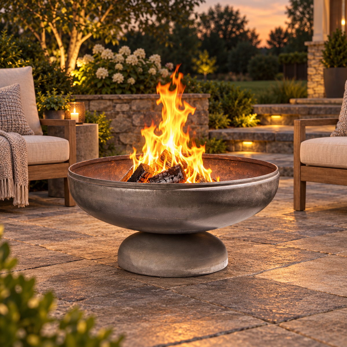 Ohio Flame Patriot fire pit burning on a stone patio in a landscaped backyard at dusk