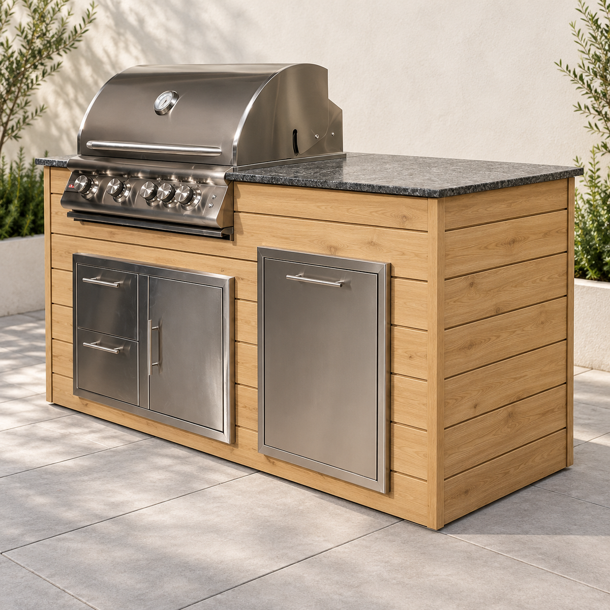 Firefly 6 ft outdoor kitchen island in Pine 140 aluminum cladding, shown with a stainless steel grill, doors, drawers, and dark countertop.
