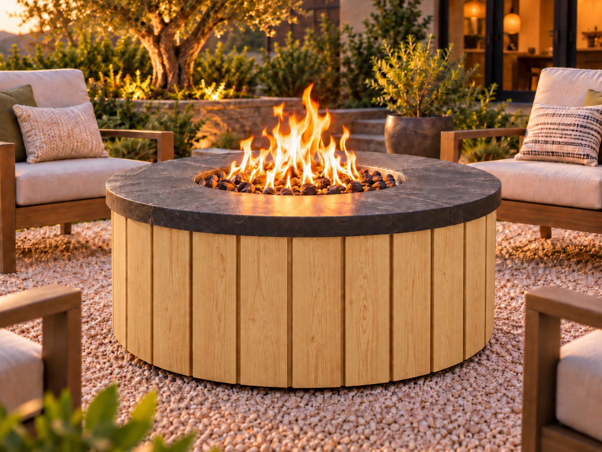 EZ Finish Firefly 48-inch round fire pit with Universal 140 aluminum cladding in Pine finish, shown lit in an outdoor patio setting.