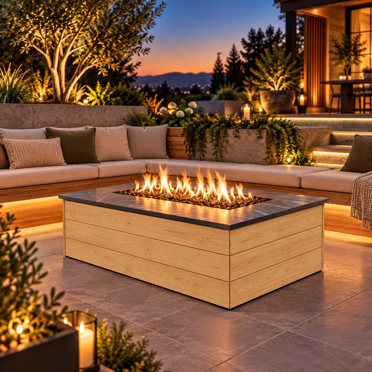EZ Finish Firefly 48 x 32 rectangular fire pit with Pine 140 horizontal cladding on a landscaped patio at dusk.