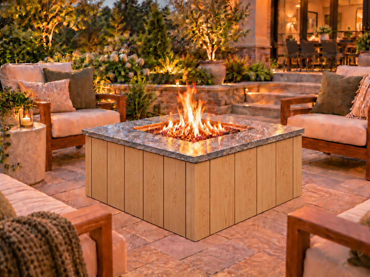 Firefly 36-inch square fire pit with Pine 140 cladding on a landscaped outdoor patio