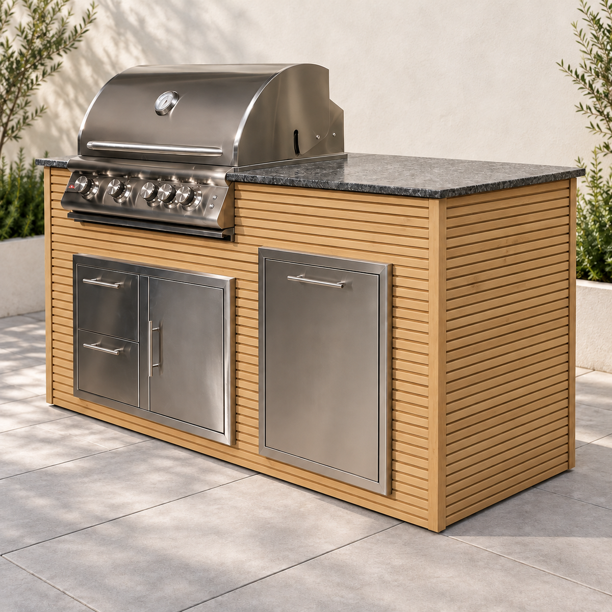 Firefly 6 ft outdoor kitchen island in Pine 2+2 aluminum cladding, shown with a stainless steel grill, doors, drawers, and dark countertop.
