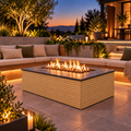 EZ Finish Firefly 48 x 32 rectangular fire pit with Pine 2+2 horizontal cladding on a landscaped patio at dusk.