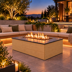 EZ Finish Firefly 48 x 32 rectangular fire pit with Pine 2+2 horizontal cladding on a landscaped patio at dusk.