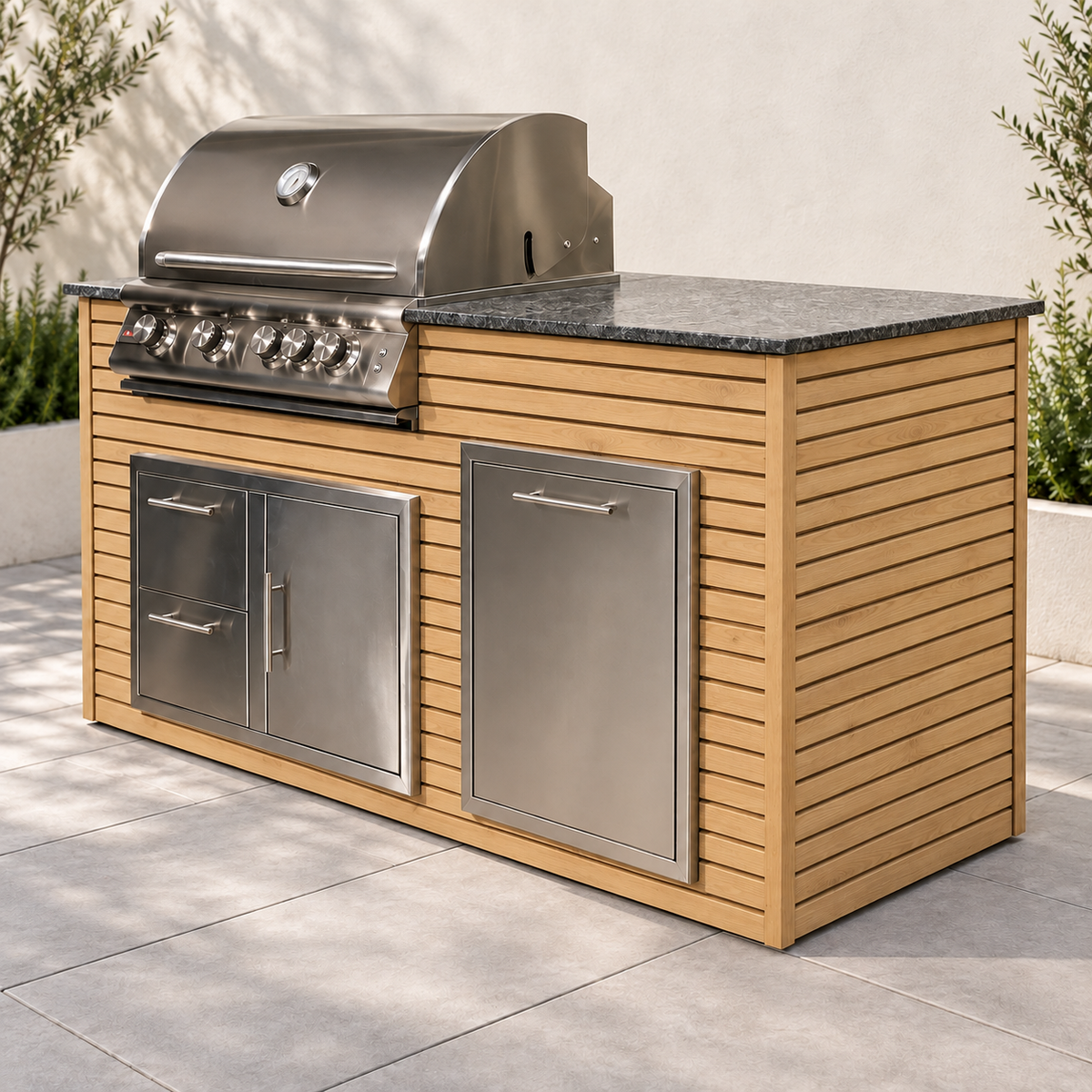 Firefly 6 ft outdoor kitchen island in Pine 4+4 aluminum cladding, shown with a stainless steel grill, doors, drawers, and dark countertop.