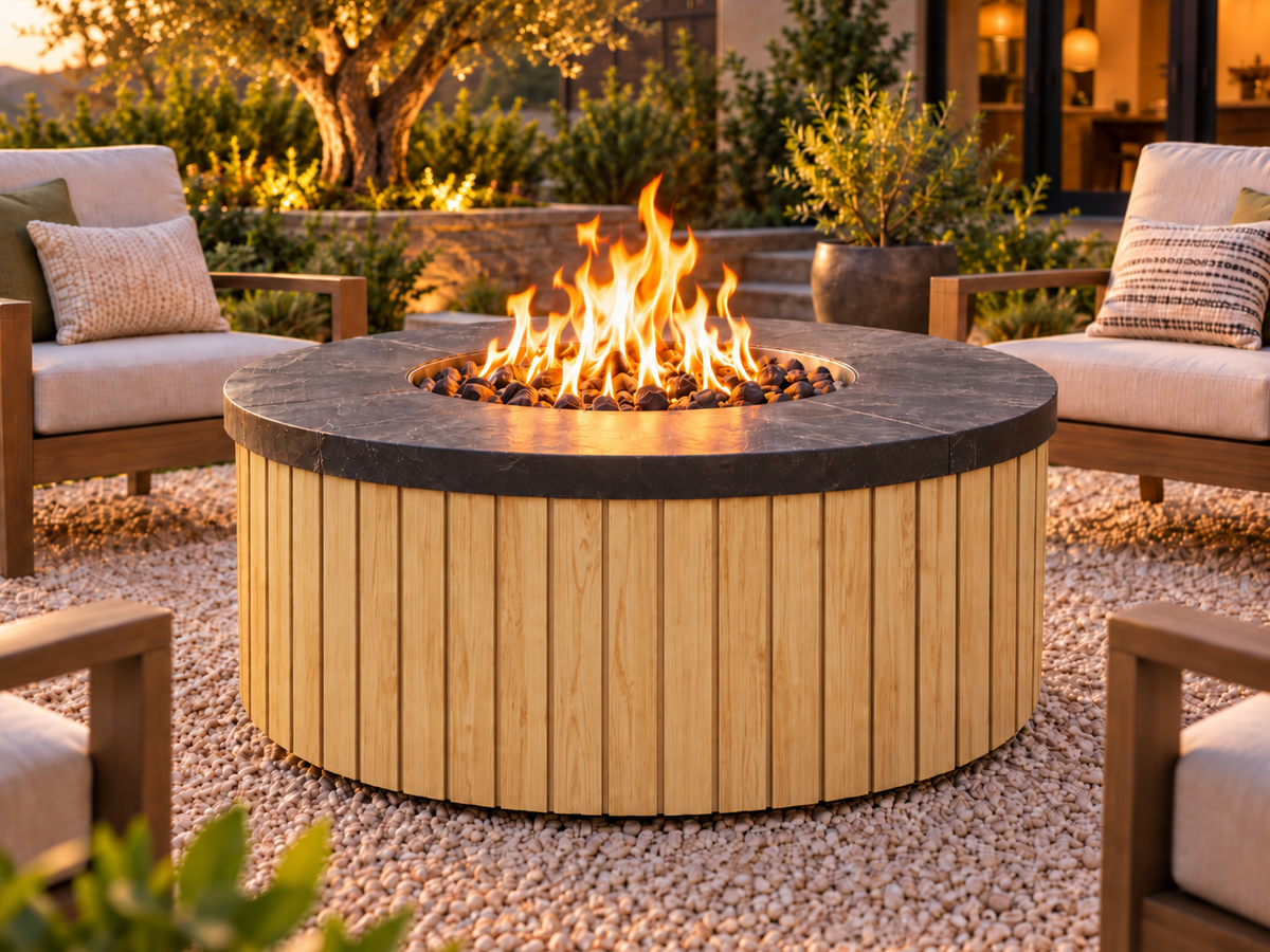 EZ Finish Firefly 48-inch round fire pit with Universal 4+4 aluminum cladding in Pine finish, shown lit in an outdoor patio setting.