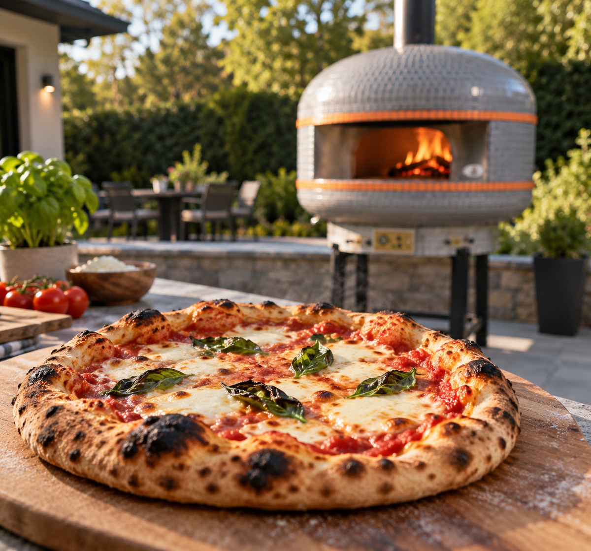 Freshly baked pizza in front of the WPPO Lava 40-inch digital wood-fired pizza oven with flames visible inside