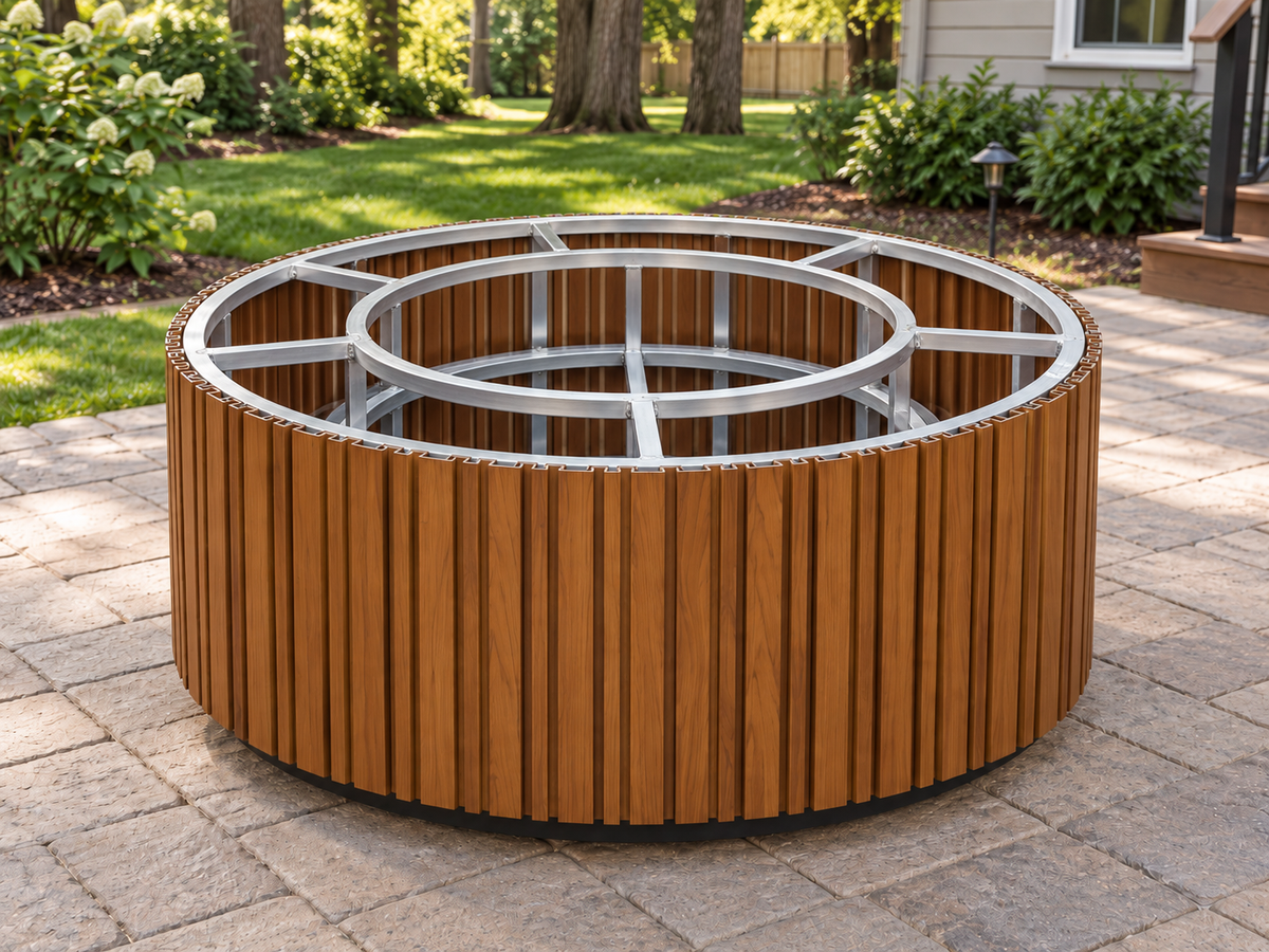 EZ Finish Firefly 48-inch round aluminum-clad fire pit enclosure shown without countertop or burner components on a wooded suburban backyard patio.