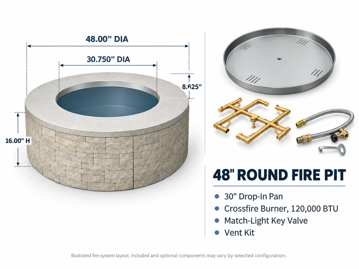EZ Finish Firefly 48-inch round fire pit system diagram showing enclosure dimensions, 30-inch drop-in pan, Crossfire burner, key valve, and vent kit.