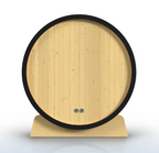 ALEKO Celasia outdoor barrel sauna rear view showing Finland pine construction, black trim, and rear ventilation openings