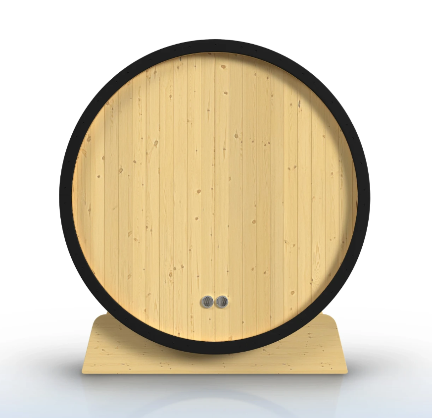 ALEKO Celasia outdoor barrel sauna rear view showing Finland pine construction, black trim, and rear ventilation openings