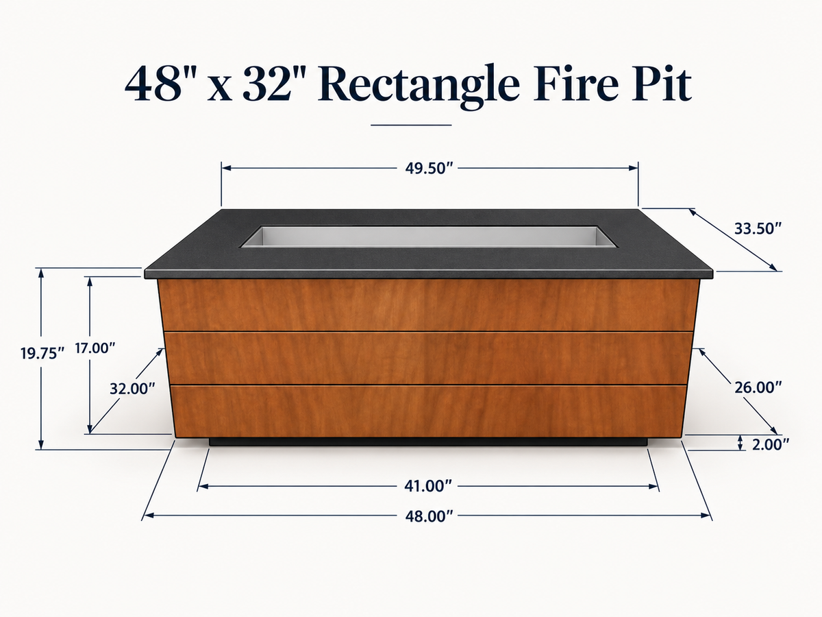 EZ Finish Firefly 48 x 32 rectangular fire pit dimension diagram showing overall width, depth, height, and base measurements.