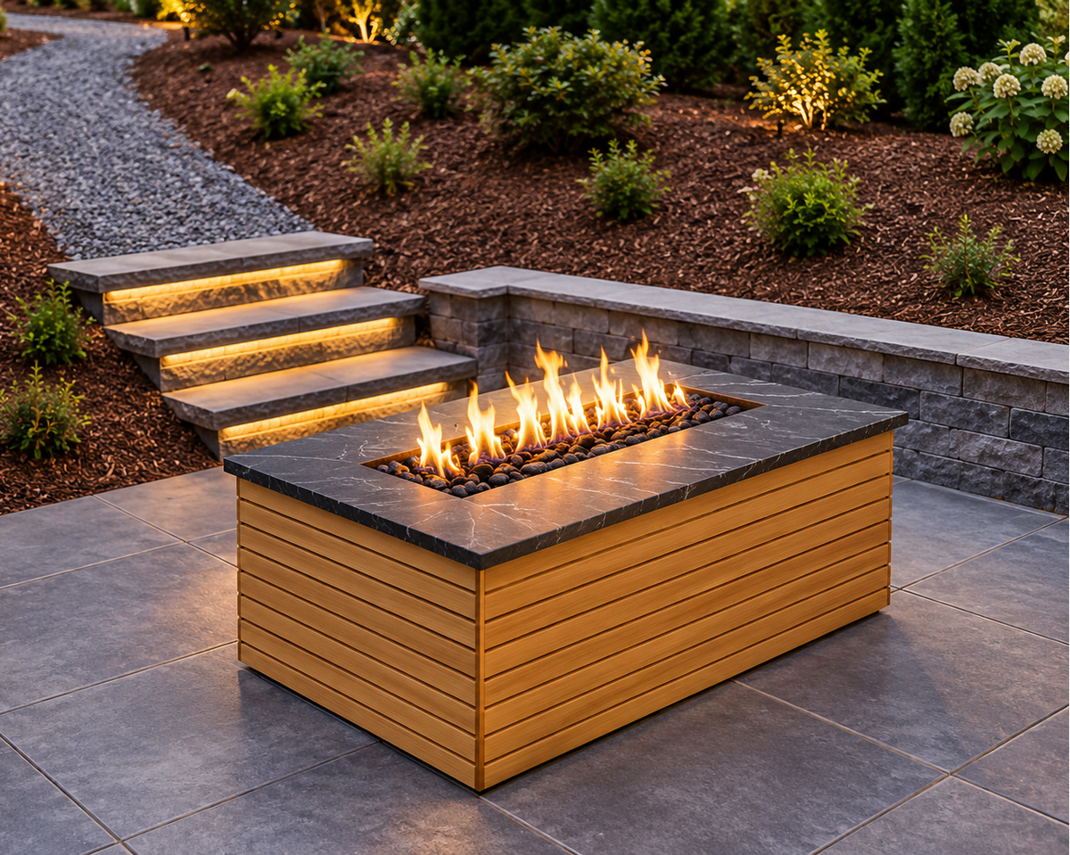 EZ Finish Firefly 48 x 32 rectangular fire pit with horizontal wood-look cladding on a landscaped outdoor patio.