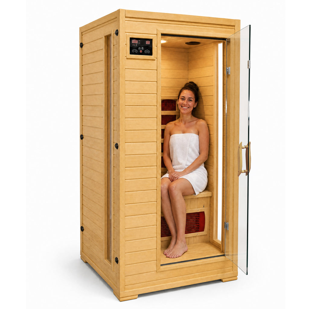 HeatWave Buena Vista 1–2 person hemlock infrared sauna with an adult seated inside and the glass door open