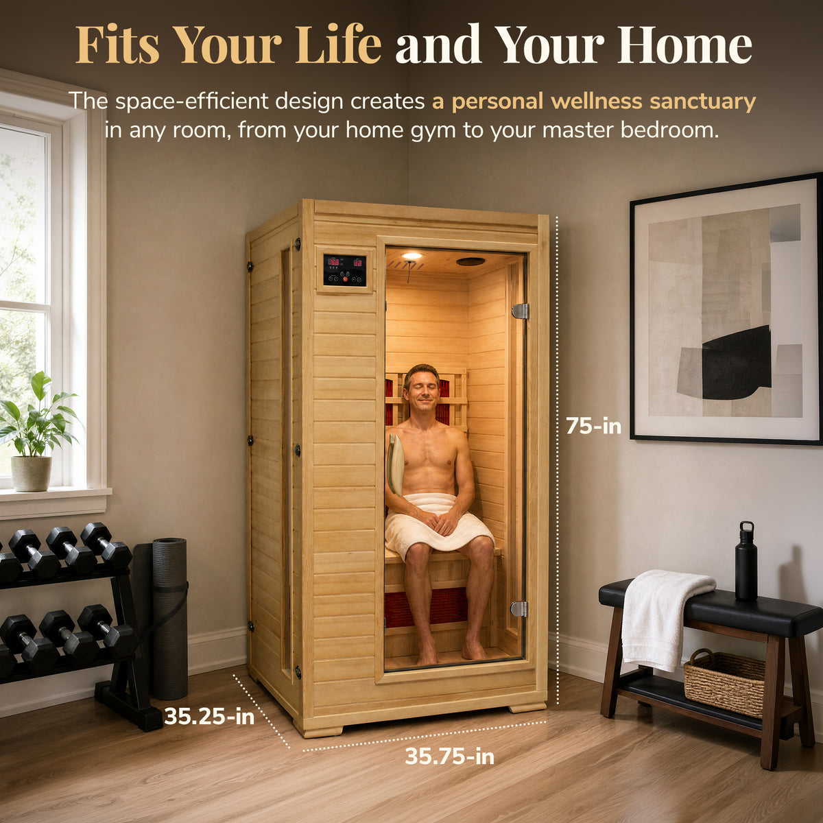 HeatWave Buena Vista 1–2 person infrared sauna dimension graphic showing a compact 35.75-inch wide by 35.25-inch deep footprint and 75-inch height