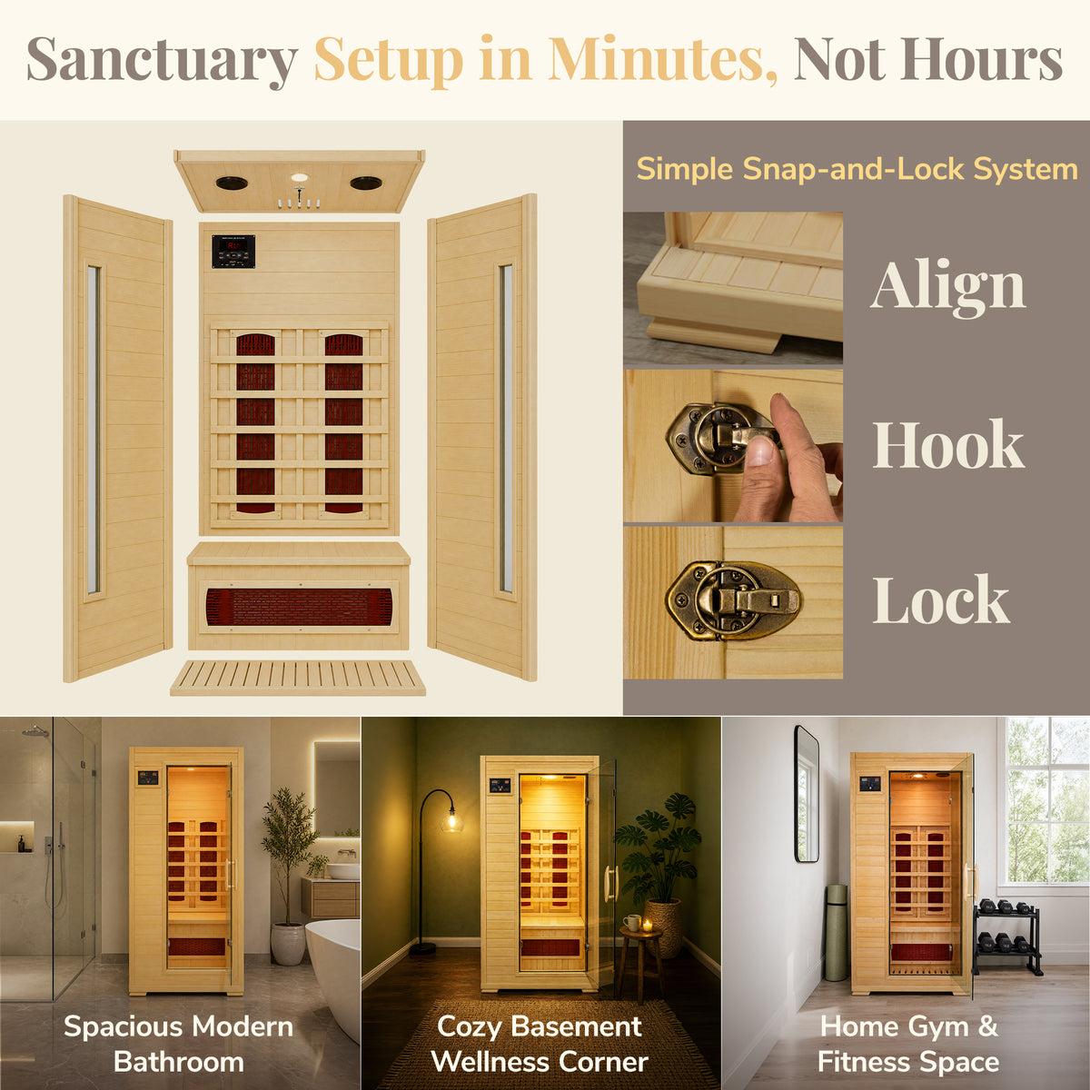 eatWave Buena Vista 1–2 person infrared sauna assembly graphic showing snap-and-lock setup for bathroom, basement, and home gym installation