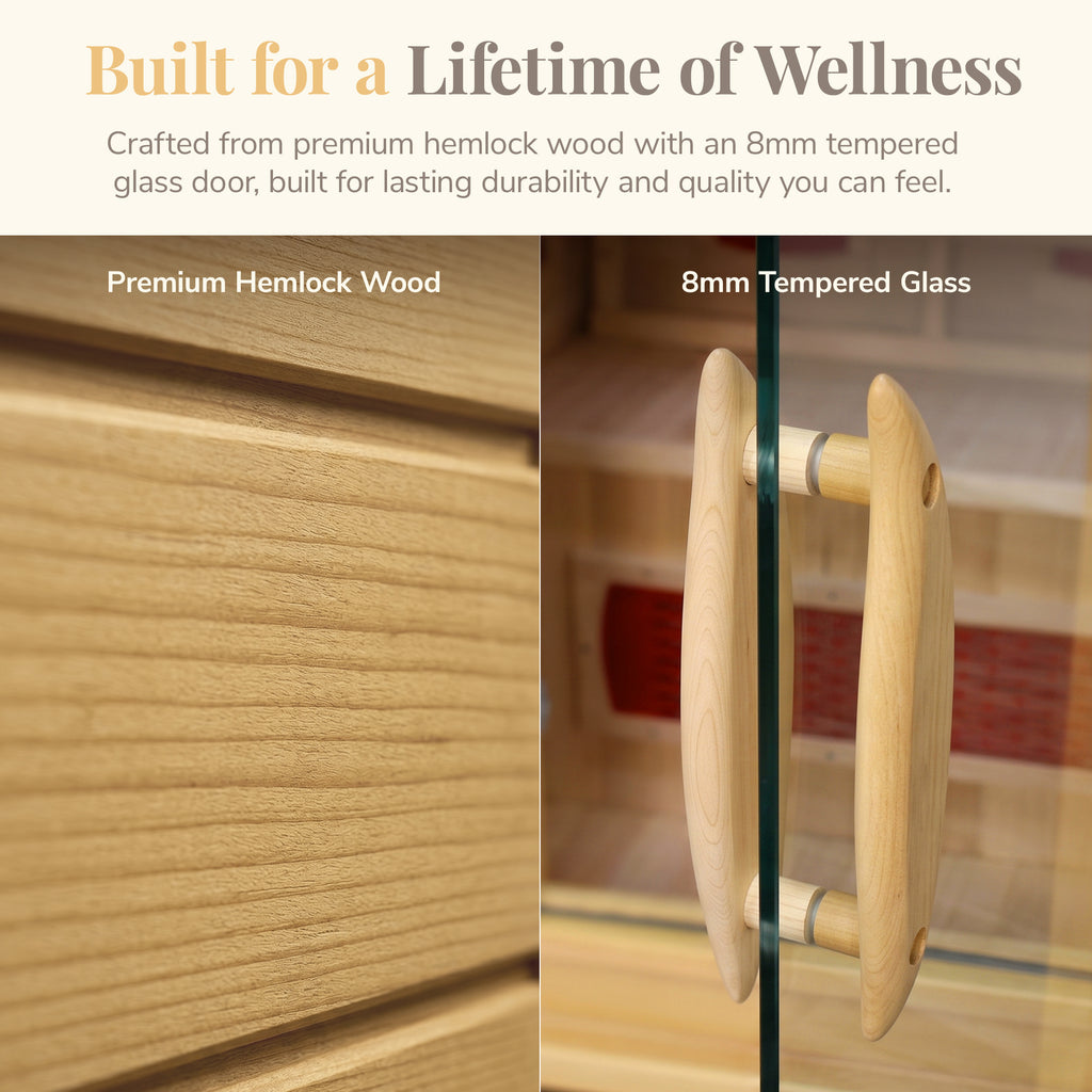 HeatWave Buena Vista 1–2 person infrared sauna material graphic showing premium hemlock wood and 8 mm tempered glass door