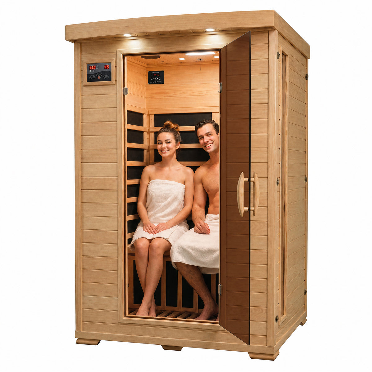 HeatWave Coronado 2-person hemlock infrared sauna with two adults seated inside on a white background