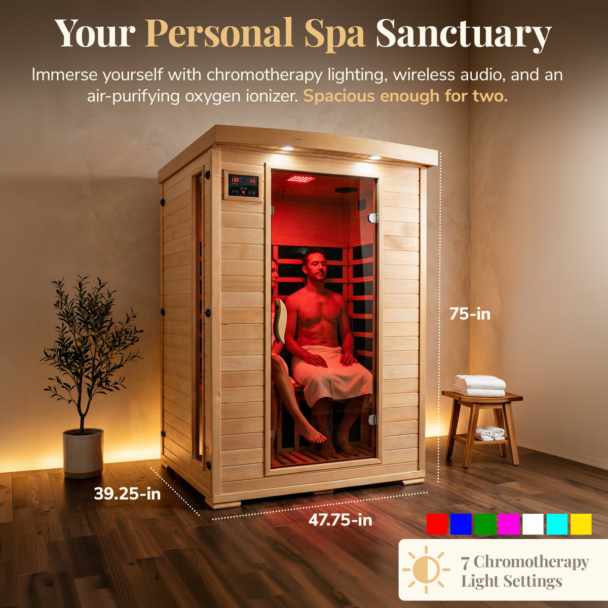 HeatWave Coronado 2-person infrared sauna dimensions and chromotherapy feature graphic showing 47.75-inch width, 39.25-inch depth, and 75-inch height