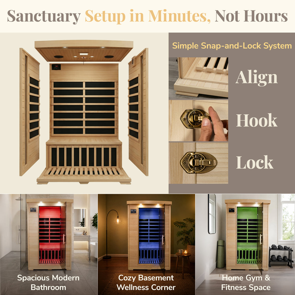 HeatWave Coronado 2-person infrared sauna assembly graphic showing snap-and-lock setup for home bathroom, basement, or gym installation