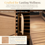 HeatWave Coronado 2-person infrared sauna material details showing Canadian hemlock, 8 mm safety glass, and hypoallergenic wood construction