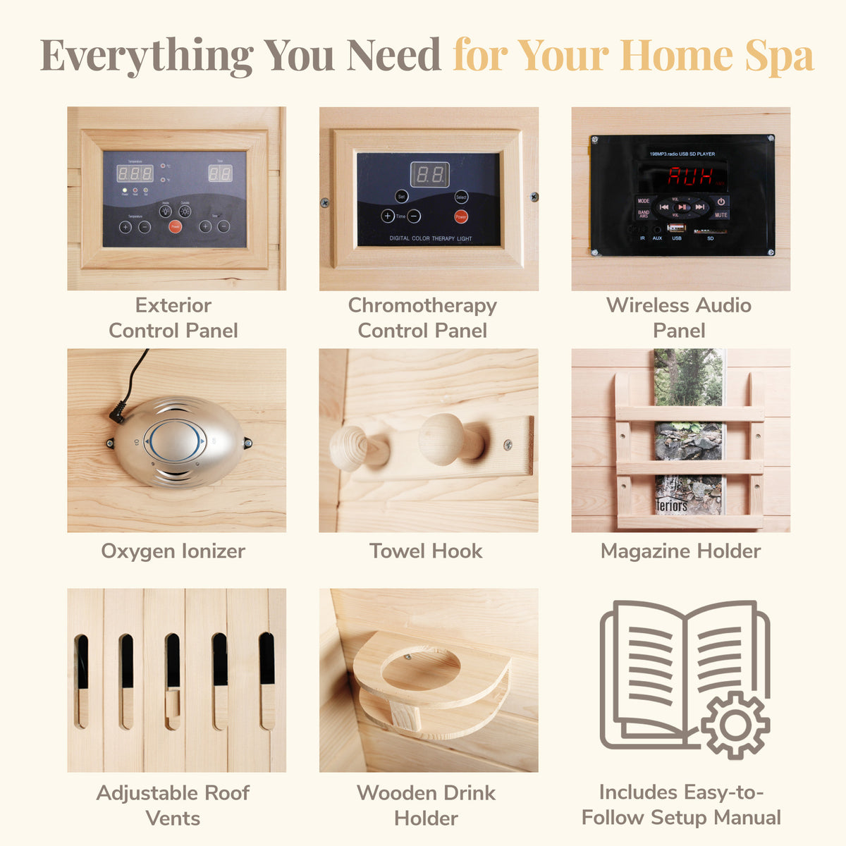 HeatWave Coronado 2-person infrared sauna feature graphic showing control panels, chromotherapy, wireless audio, oxygen ionizer, roof vents, and accessories