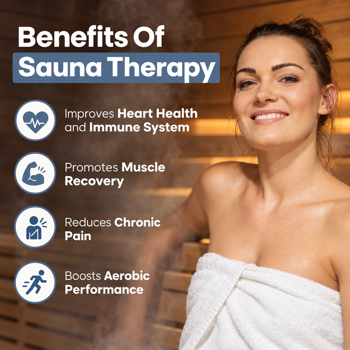 Woman relaxing in a traditional sauna with text highlighting sauna therapy benefits, including heart health, muscle recovery, chronic pain relief, and aerobic performance.