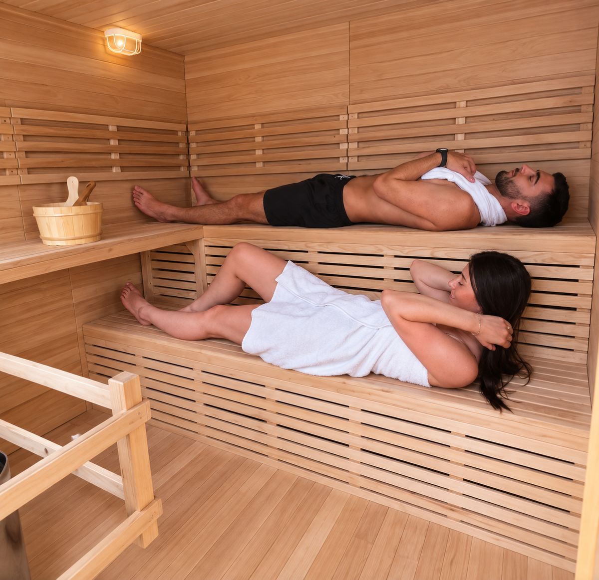 Couple relaxing on tiered wooden benches inside a spacious Thermowood sauna with a traditional bucket and warm interior lighting.