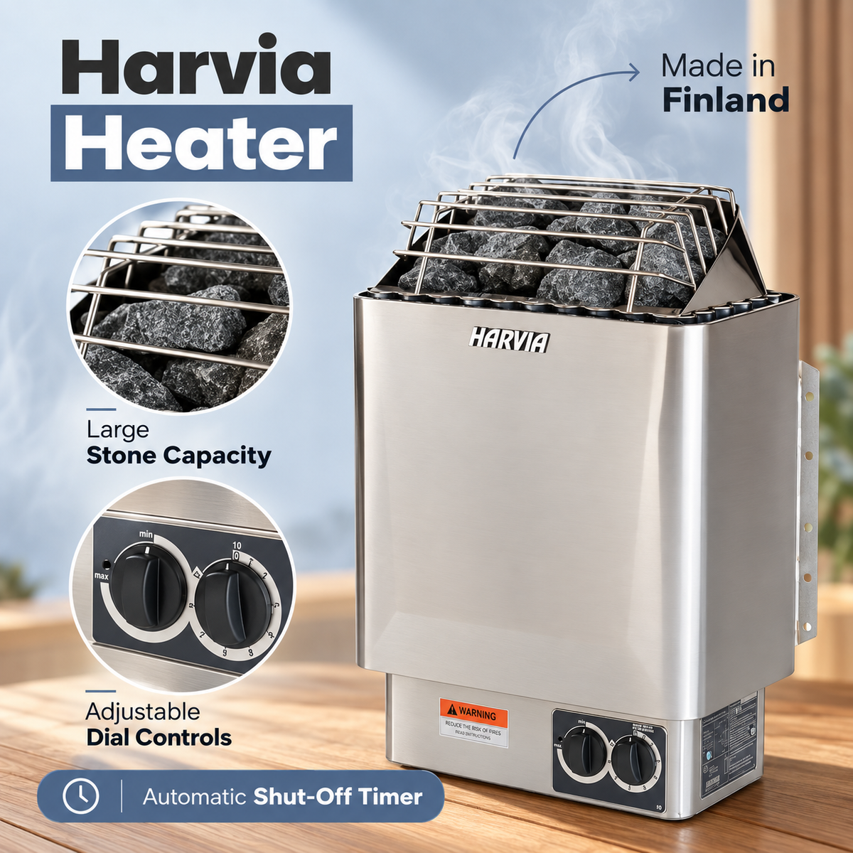 Harvia electric sauna heater with large stone capacity, adjustable dial controls, automatic shut-off timer, and Finnish-made construction.