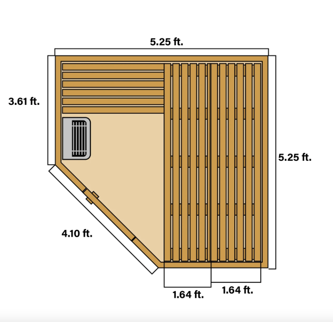 Interior layout diagram showing the Thermowood sauna bench configuration, heater placement, and key interior dimensions.