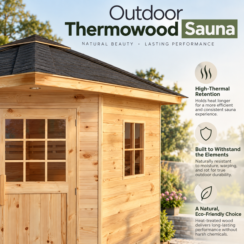 Outdoor Thermowood sauna featuring durable heat-treated wood, weather-resistant construction, and natural outdoor styling.