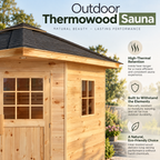 Outdoor Thermowood sauna featuring durable heat-treated wood, weather-resistant construction, and natural outdoor styling.