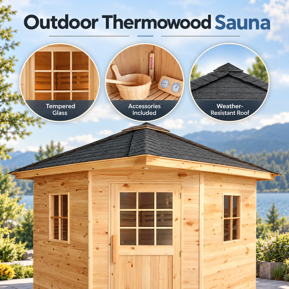 Outdoor Thermowood sauna with tempered glass, included accessories, and a weather-resistant roof in a landscaped backyard setting.