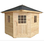 Front view of the outdoor Thermowood sauna featuring natural wood construction, paneled windows, and a weather-resistant shingled roof.