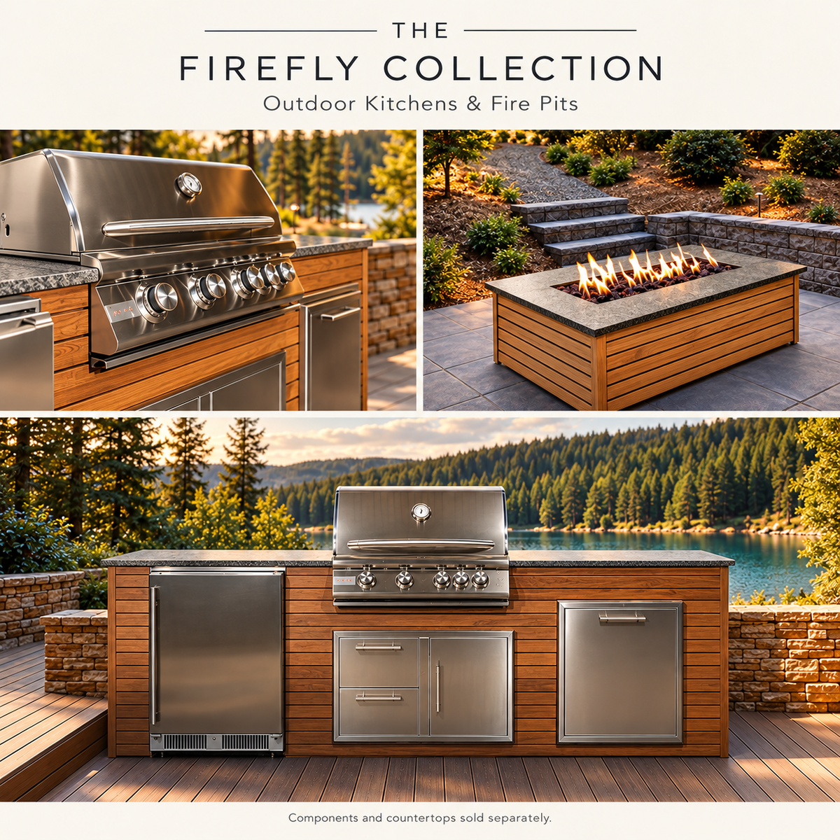 Firefly collection collage showing woodgrain kitchen islands with stainless steel appliances and a matching rectangular fire pit in outdoor settings.