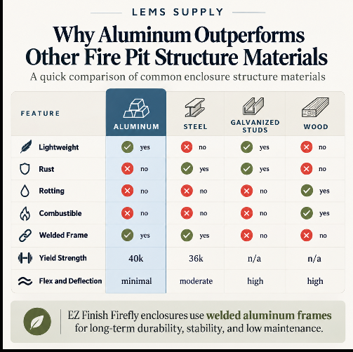 Comparison chart of aluminum, steel, galvanized studs, and wood enclosure frames, covering weight, rust, rot, combustibility, welded construction, strength, and deflection.