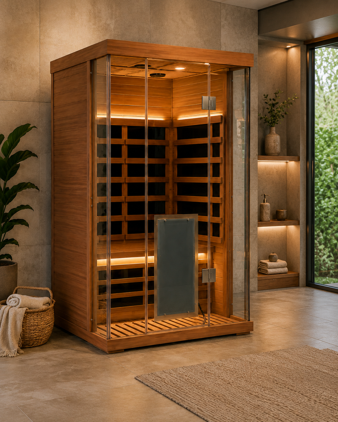 Wizzisaunas S02 2-person full-spectrum infrared sauna with glass front and red cedar interior in a modern home wellness room