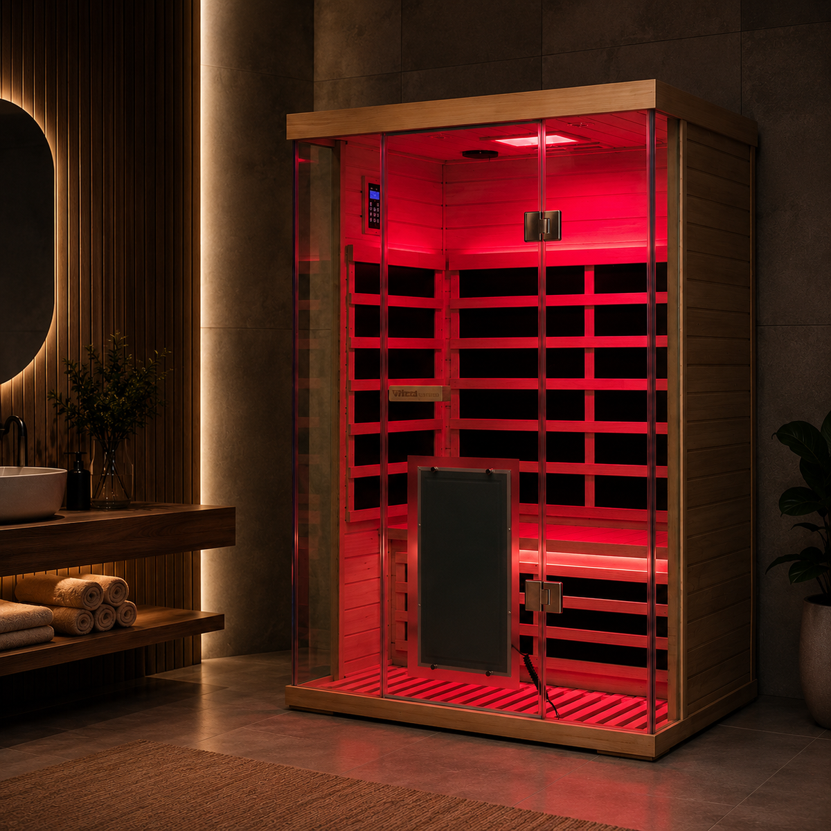 Wizzisaunas S02 infrared sauna with red chromotherapy lighting