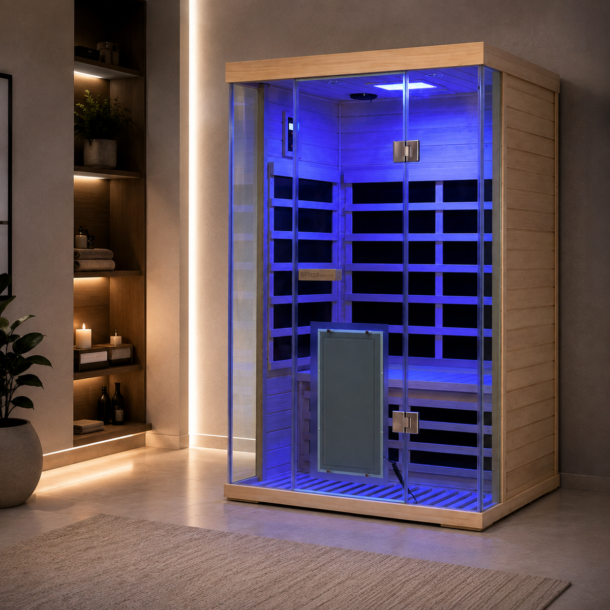 Wizzisaunas S02 infrared sauna with blue chromotherapy lighting