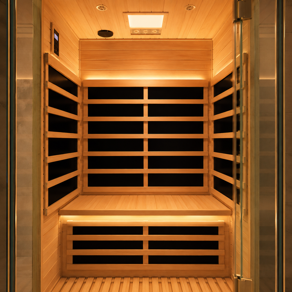 Interior of Wizzisaunas S02 infrared sauna with heating panels